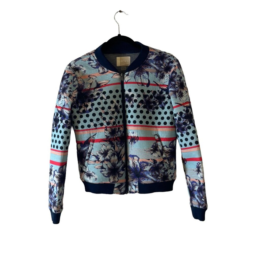 Roxy Floral Polka Dot Bomber Jacket Women’s Small Blue Zip Up